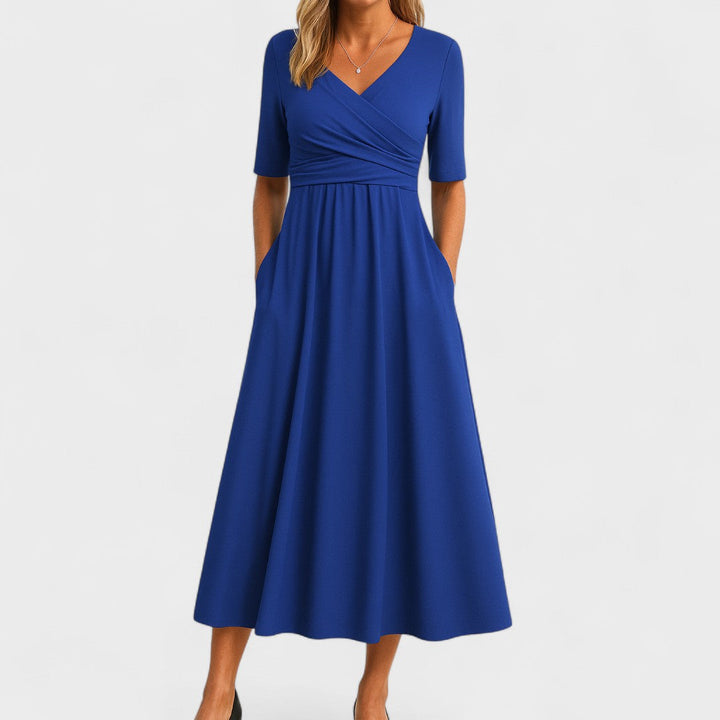 Robe midi élégante pour femmes - Décolleté en V, manches 3/4, poches pratiques