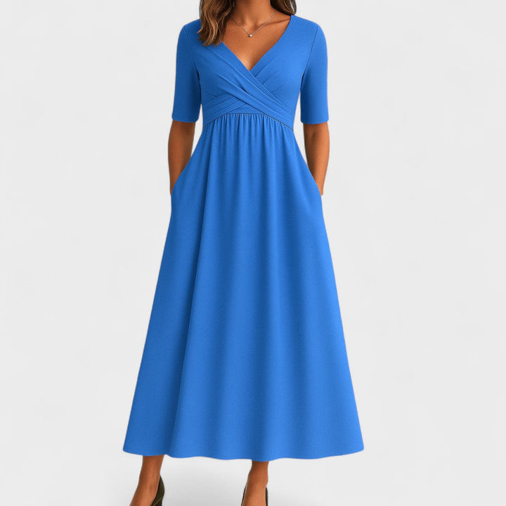 Robe midi élégante pour femmes - Décolleté en V, manches 3/4, poches pratiques
