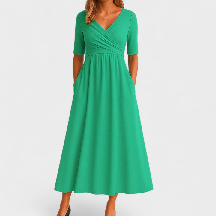 Robe midi élégante pour femmes - Décolleté en V, manches 3/4, poches pratiques