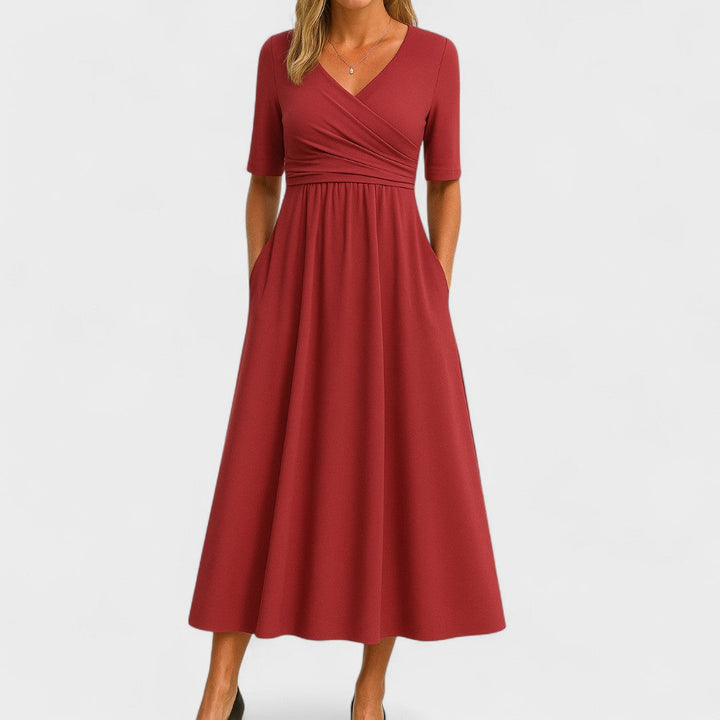 Robe midi élégante pour femmes - Décolleté en V, manches 3/4, poches pratiques