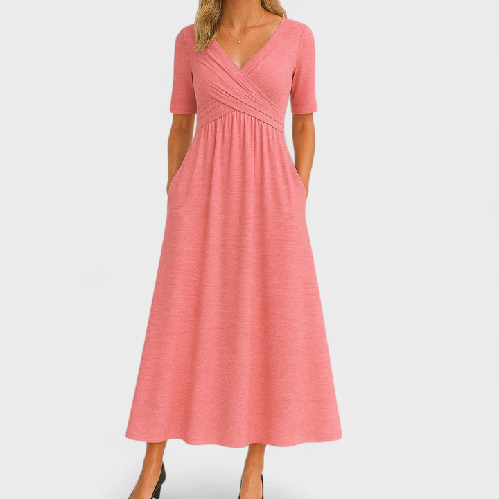 Robe midi élégante pour femmes - Décolleté en V, manches 3/4, poches pratiques