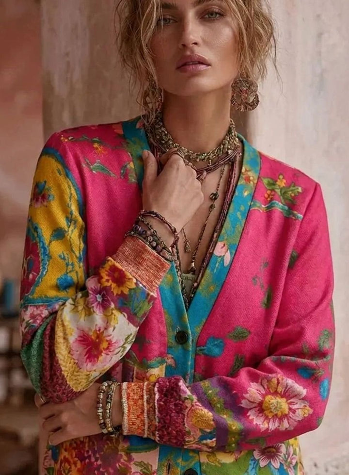 Veste en tricot festive pour femmes avec patchwork floral et décolleté en V à manches longues