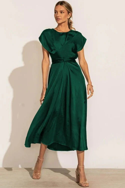 Robe Midi à Manches Courtes en Drapé pour Invitées de Mariage