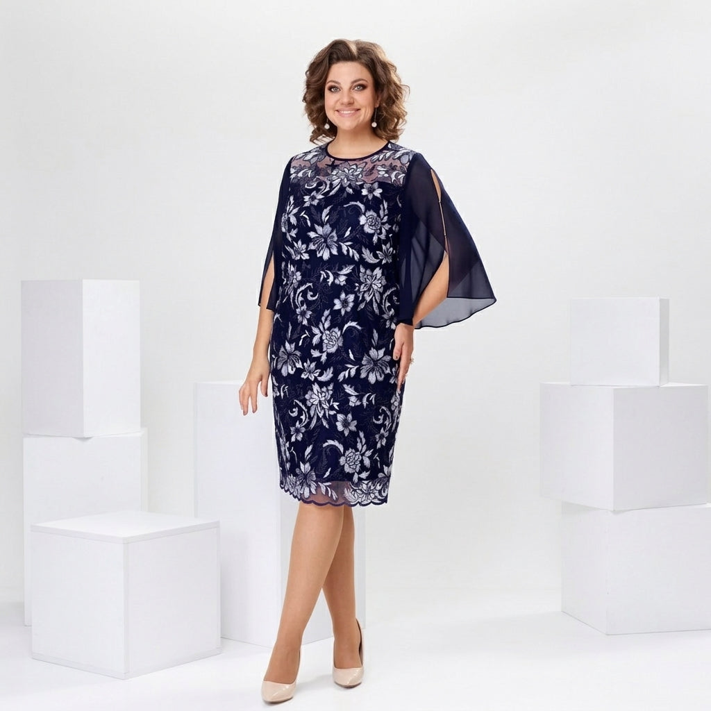 Robe midi Diana™ avec motif floral blanc et manches en cape transparentes