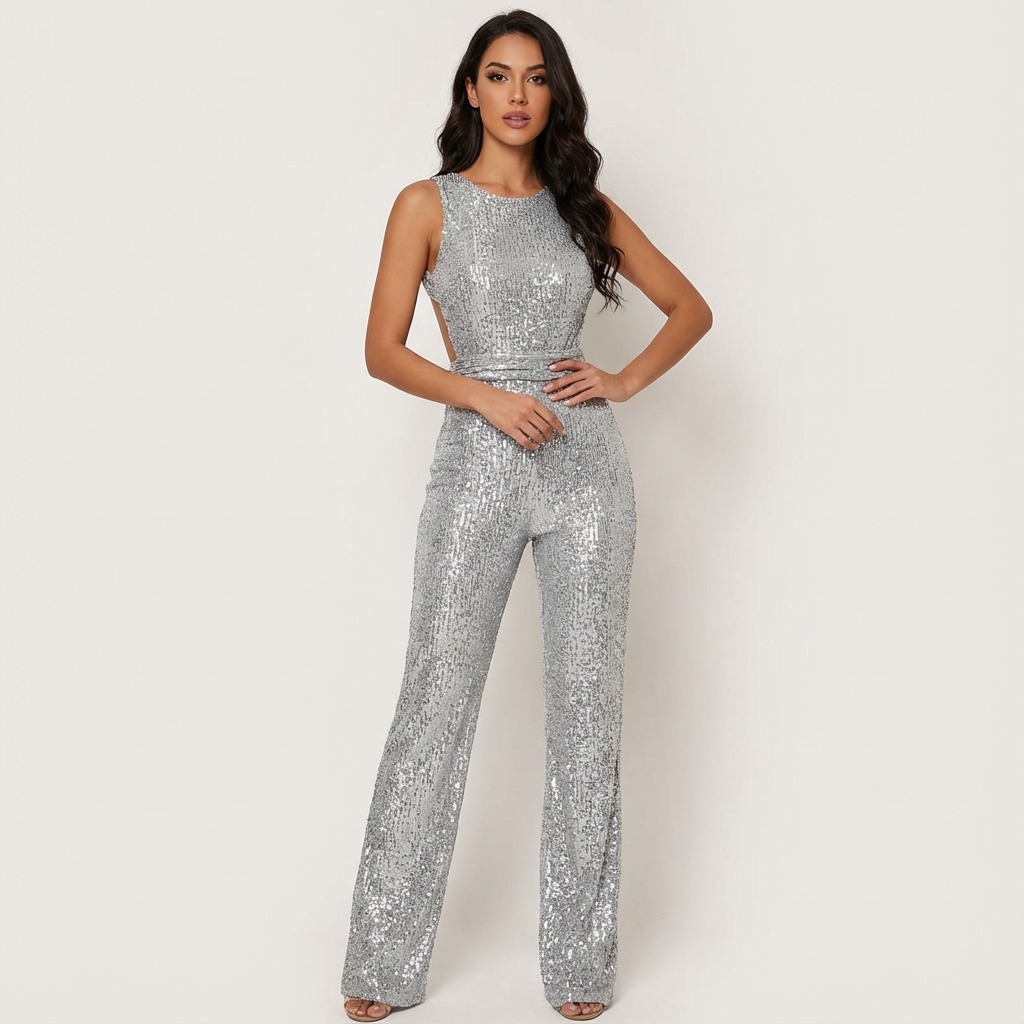 Jumpsuit scintillant glamour pour femmes avec dos nu
