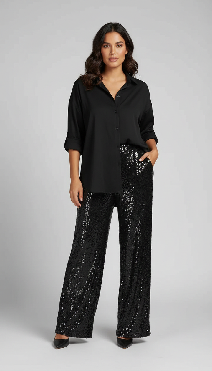 Ensemble brillant pour femmes avec blouse et pantalon large