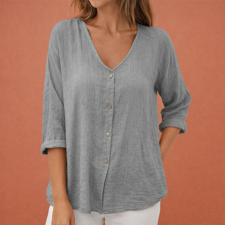 T-shirt femme à col en V avec fermeture à boutons et manches trois-quarts | Ylena