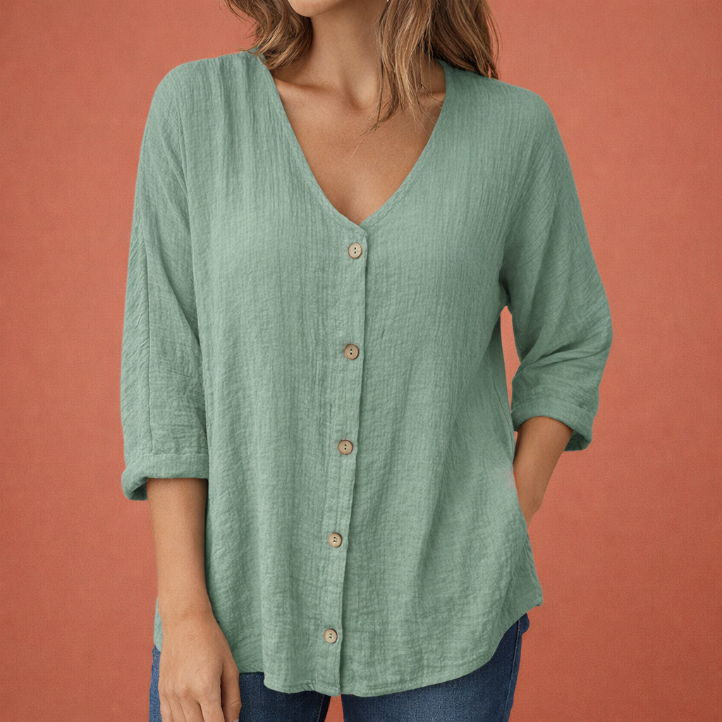 T-shirt femme à col en V avec fermeture à boutons et manches trois-quarts | Ylena