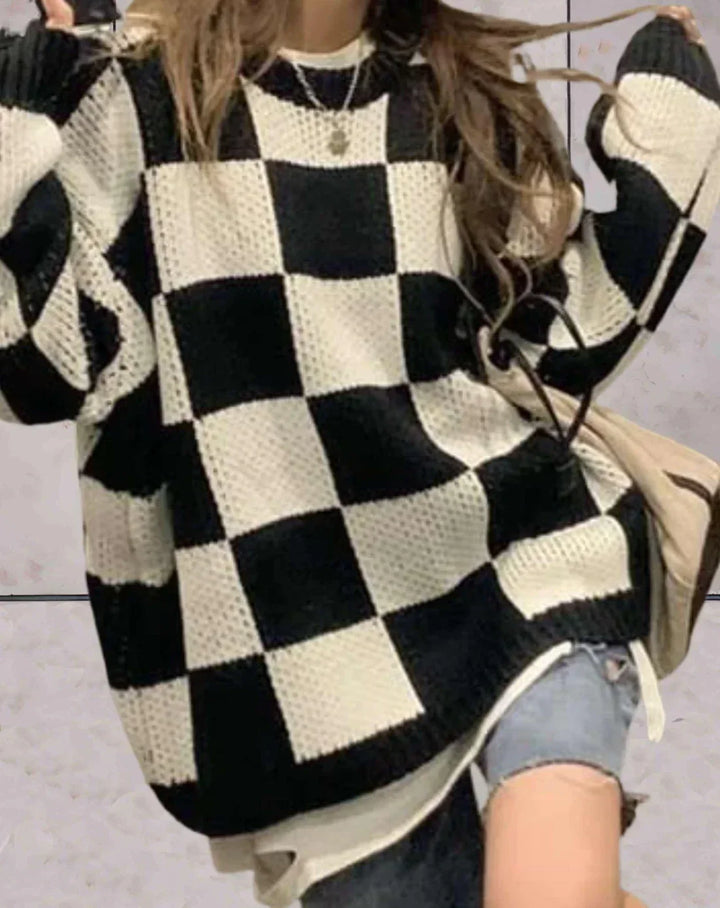 Delilah - pull en tricot pour femmes avec motif à carreaux