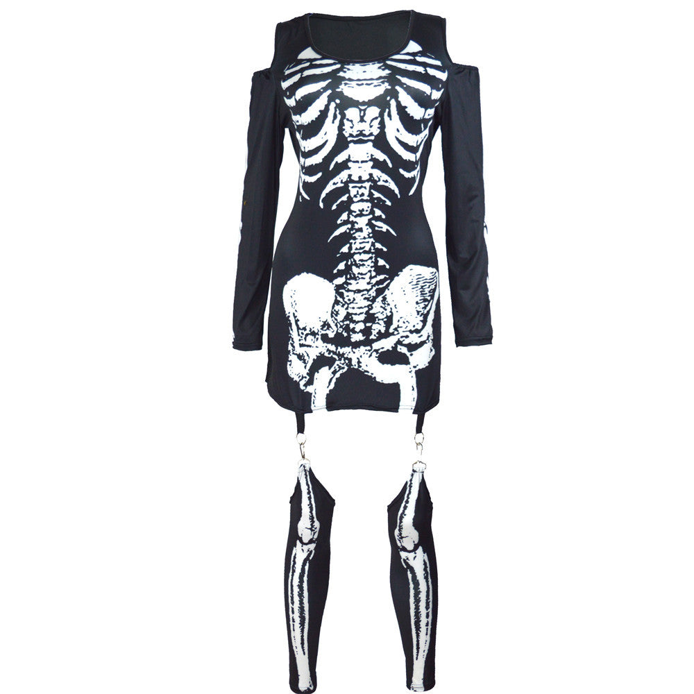 Ensemble de costume d'Halloween pour femmes | Sans épaules & avec imprimé squelette