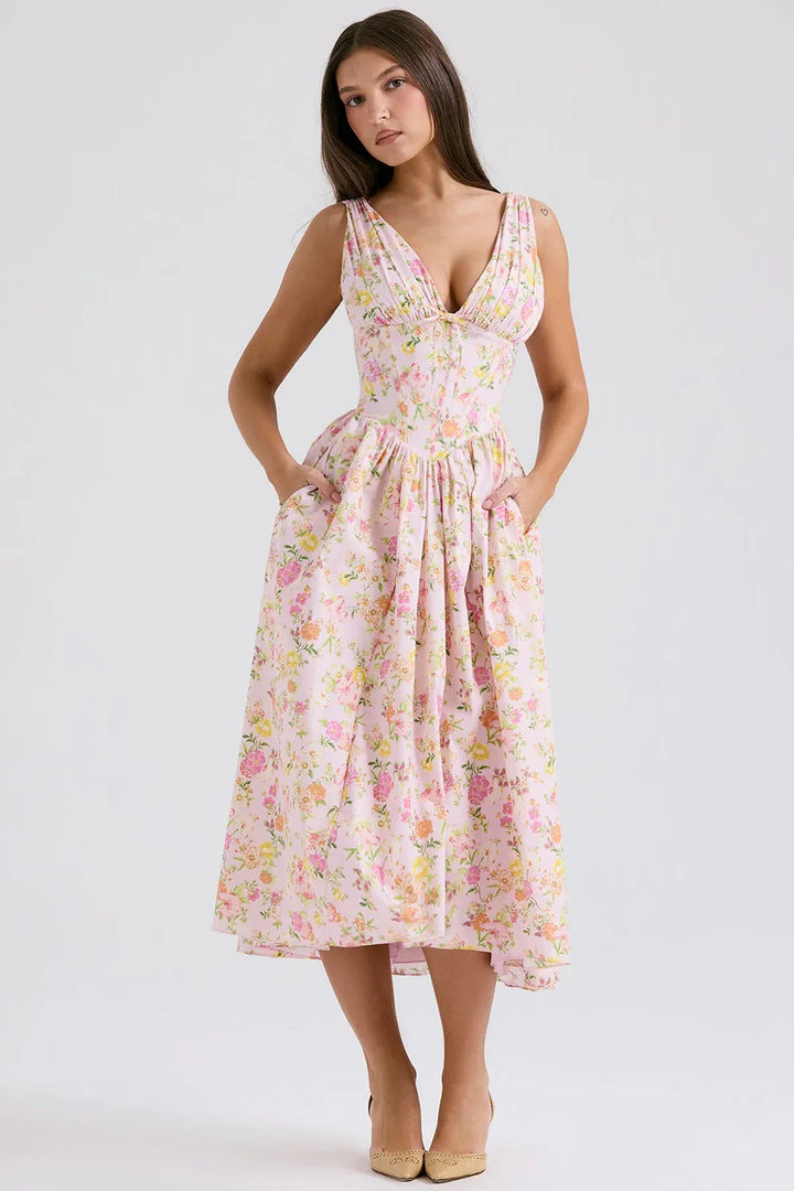 Ariana - Robe midi avec décolleté en V, corset et jupe évasée