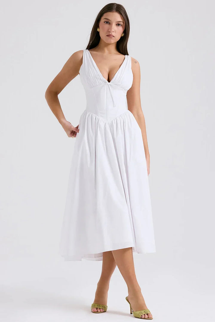 Ariana - Robe midi avec décolleté en V, corset et jupe évasée