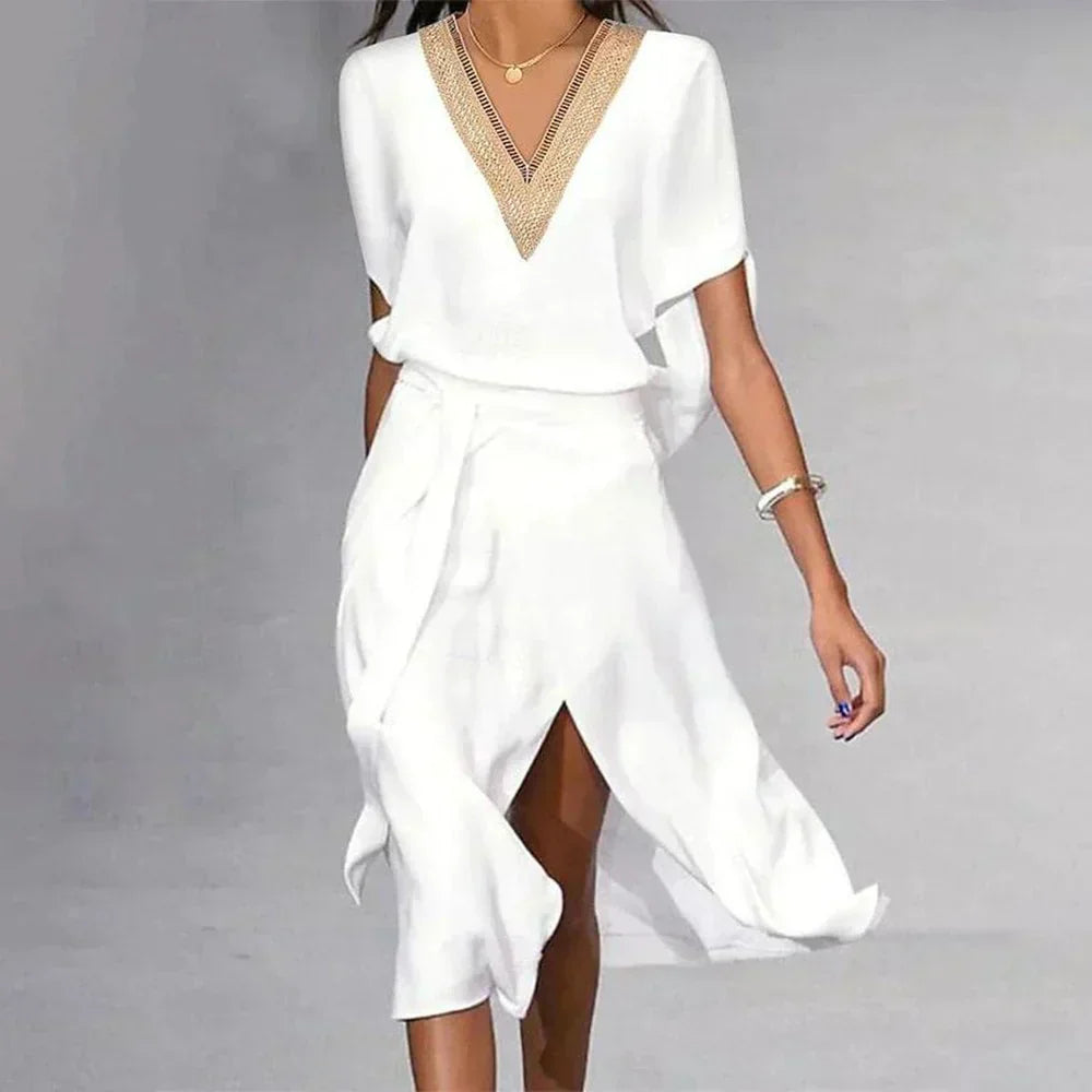 Eloisa | Robe Midi à Manches Courtes avec Décolleté en V