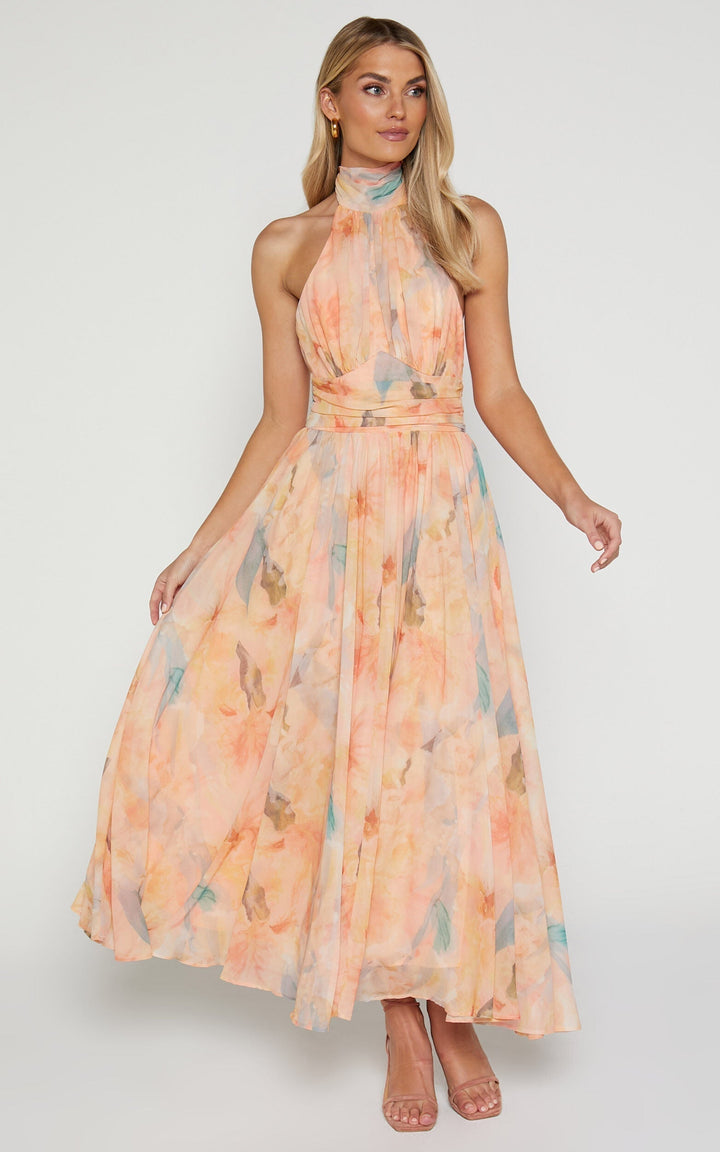 MAYLORA™ | Robe maxi avec col noué et design aquarelle floral