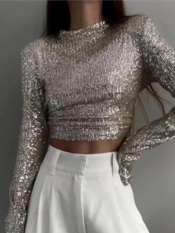 Karolin | Crop Top à Manches Longues Orné de Paillettes