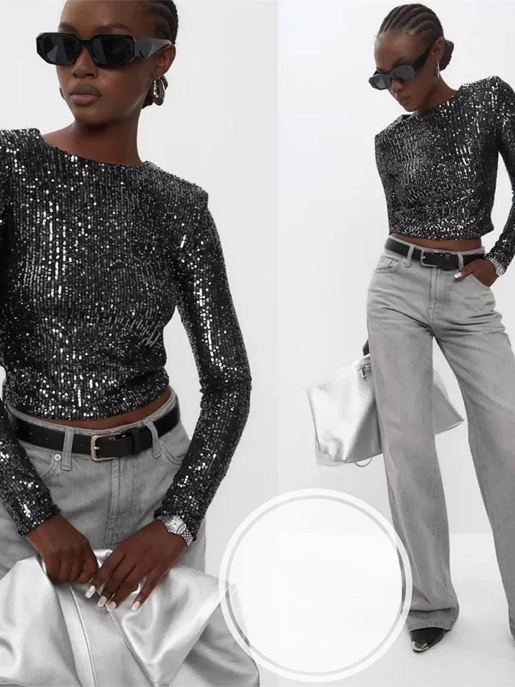 Karolin | Crop Top à Manches Longues Orné de Paillettes