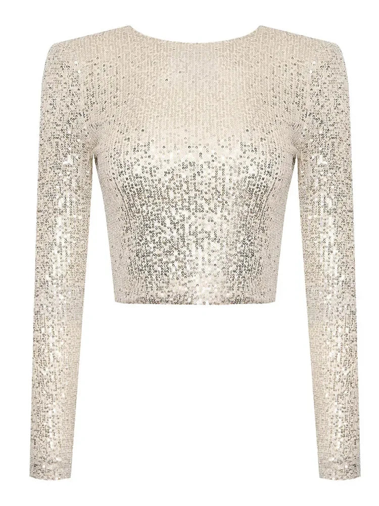 Karolin | Crop Top à Manches Longues Orné de Paillettes