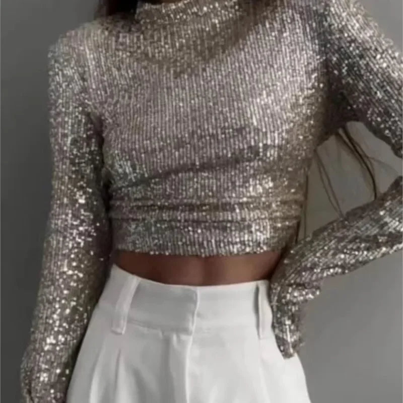 Karolin | Crop Top à Manches Longues Orné de Paillettes