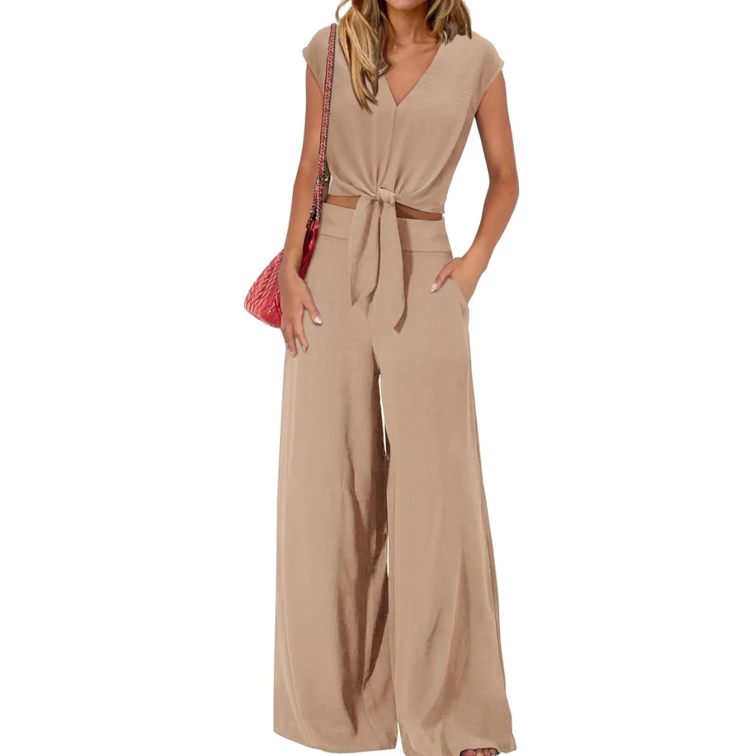 Michelle - Top court à décolleté en V avec nœud devant et ensemble de pantalon large