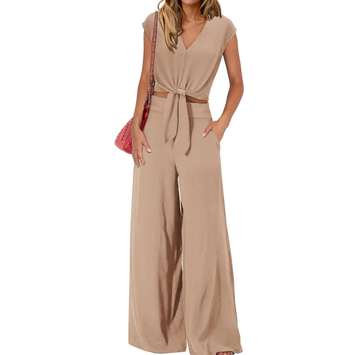 Michelle - Top court à décolleté en V avec nœud devant et ensemble de pantalon large
