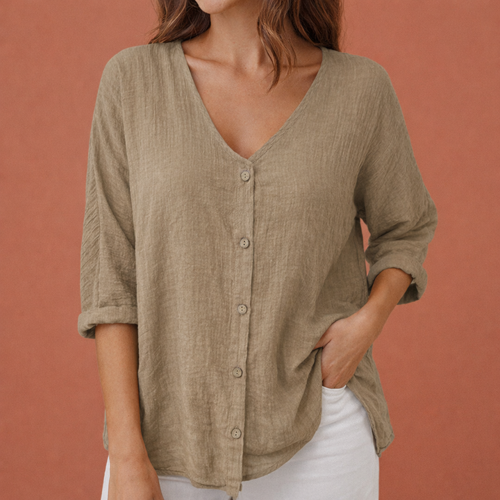 T-shirt femme à col en V avec fermeture à boutons et manches trois-quarts | Ylena