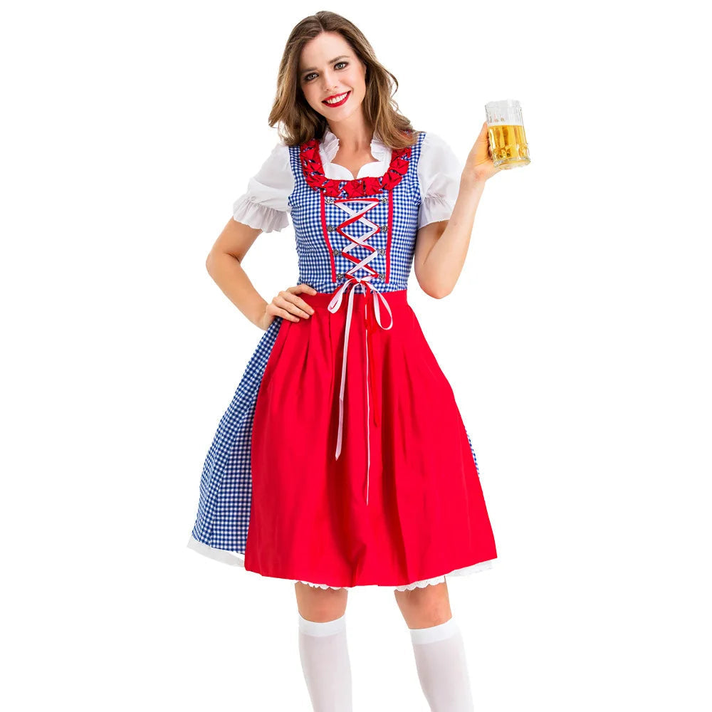 Mandy | Robe dirndl classique avec motif à carreaux rouge et bleu et tablier