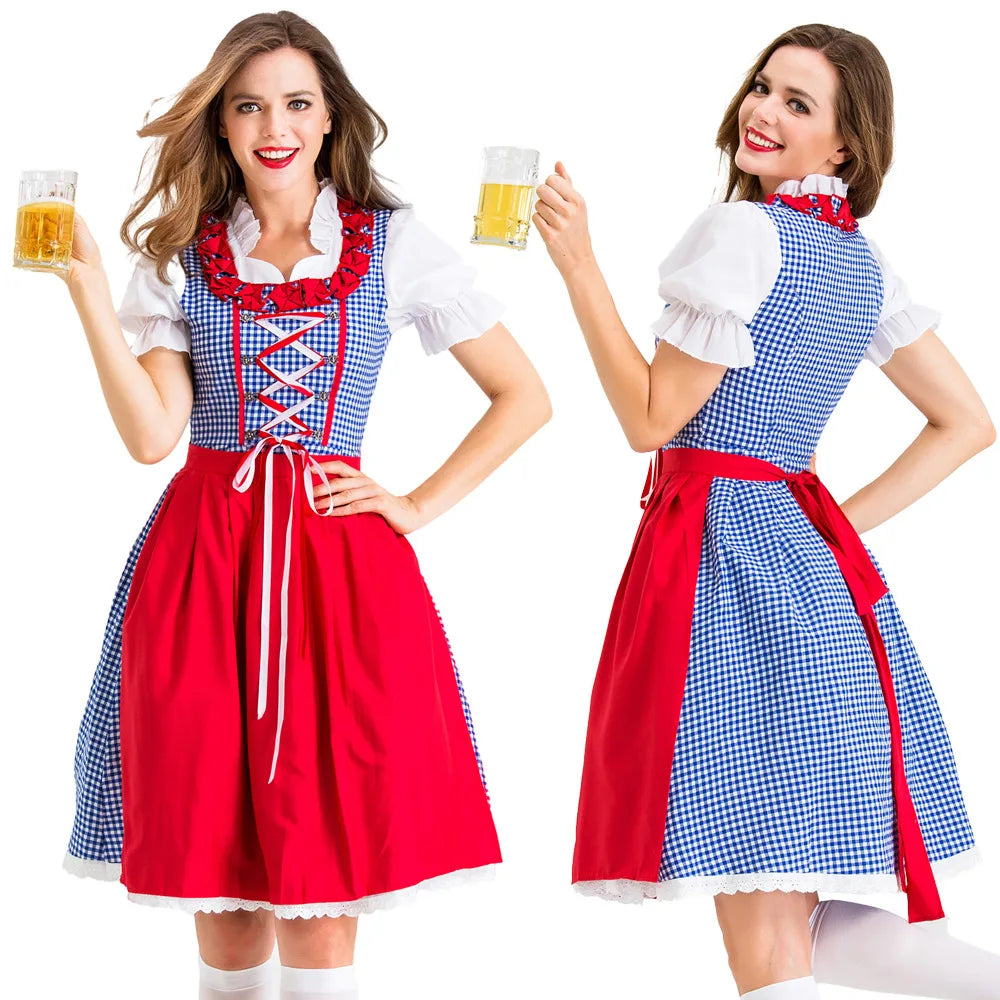 Mandy | Robe dirndl classique avec motif à carreaux rouge et bleu et tablier
