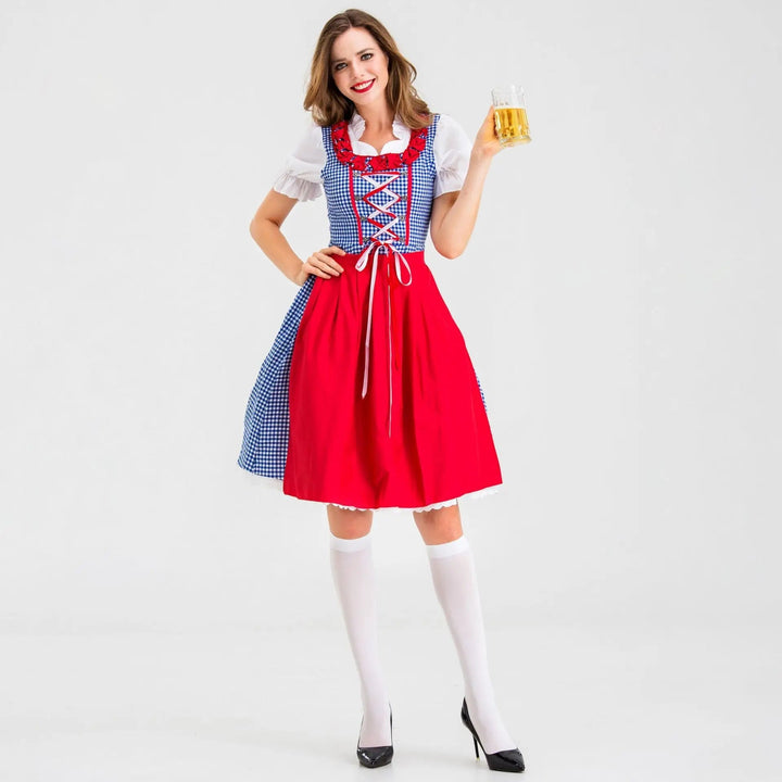 Mandy | Robe dirndl classique avec motif à carreaux rouge et bleu et tablier
