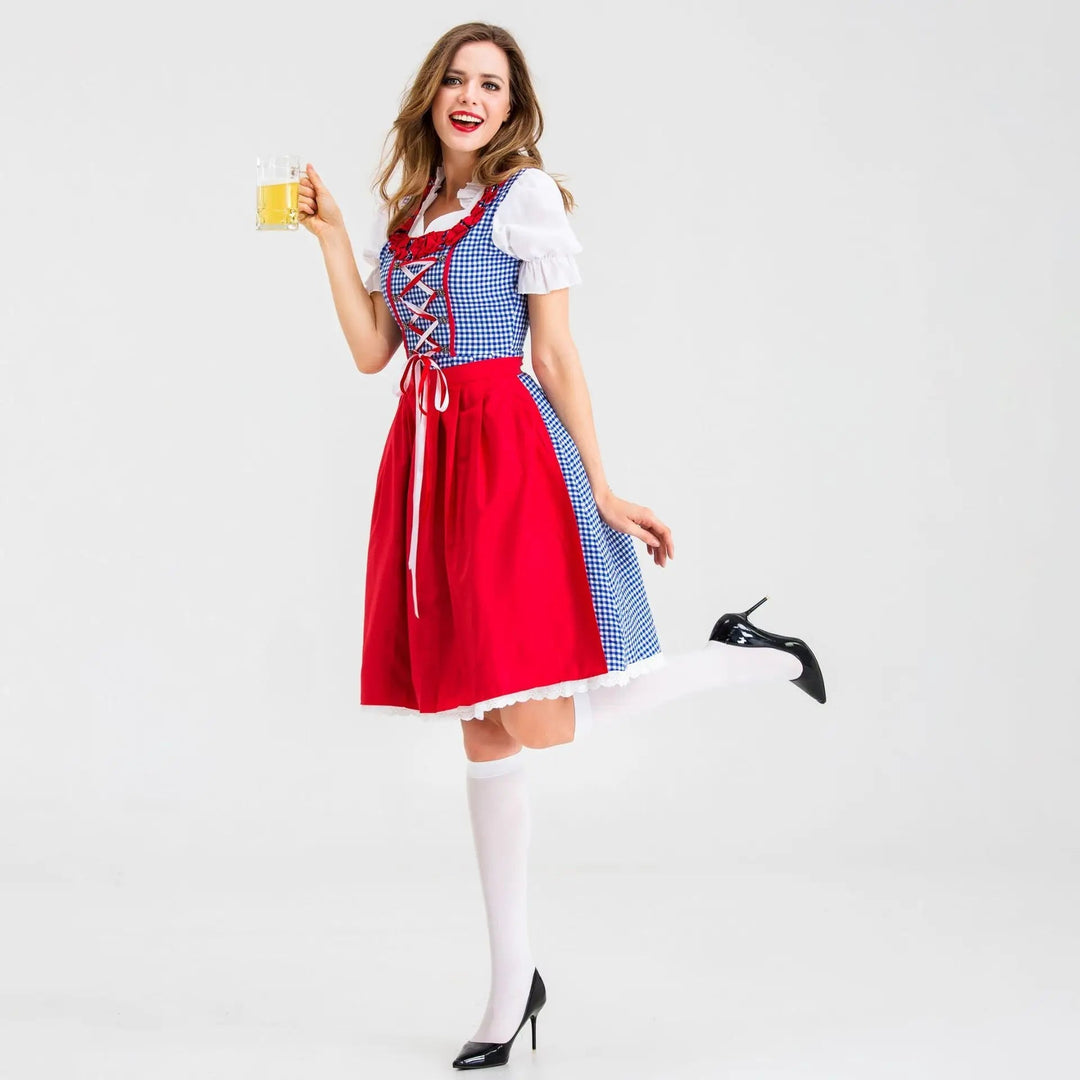 Mandy | Robe dirndl classique avec motif à carreaux rouge et bleu et tablier