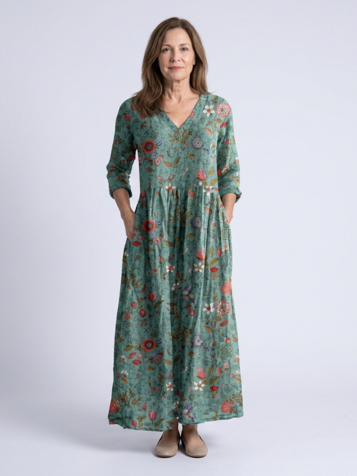 Marina | Robe maxi florale à décolleté en V avec manches trois-quarts