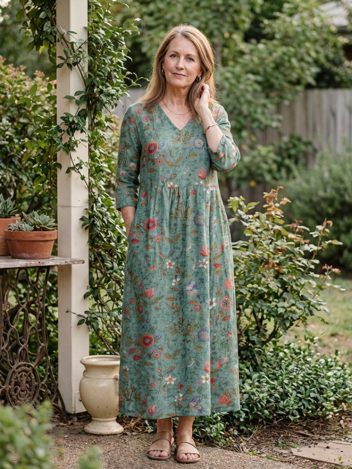 Marina | Robe maxi florale à décolleté en V avec manches trois-quarts