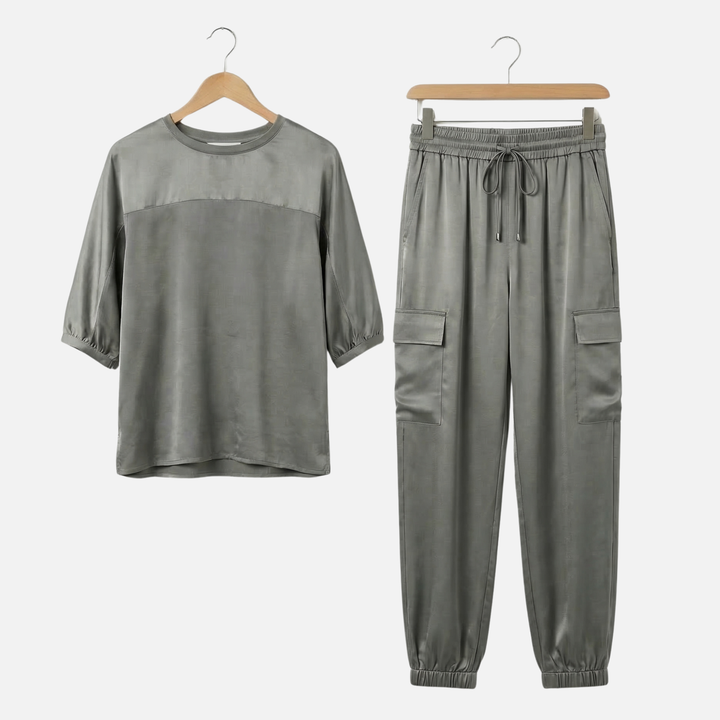 Anika | Ensemble Satin Léger Femme Chemisier Court Ample Pantalon – Ensemble Pyjama Satin Élégant
