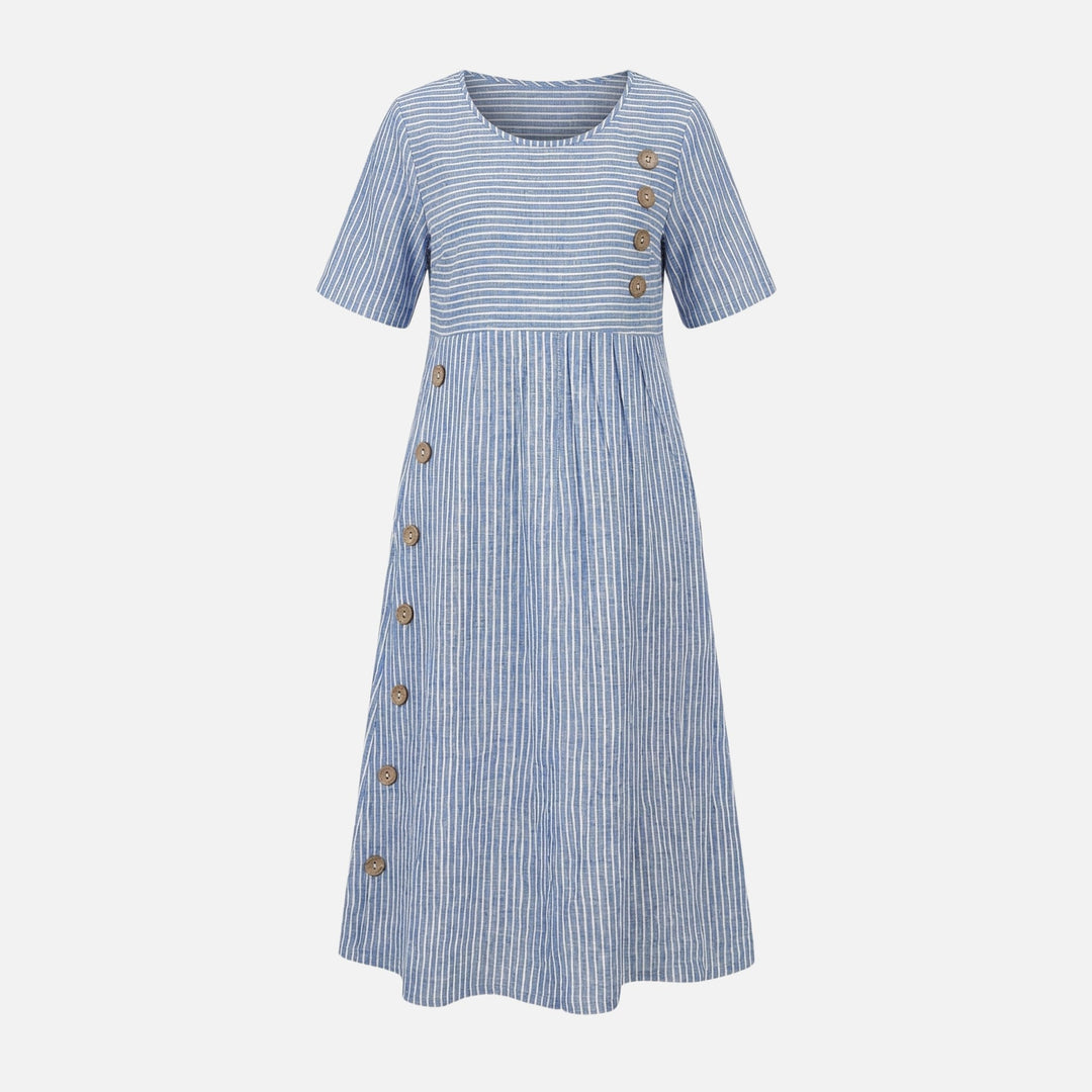 Quirina | Robe midi en lin pour femmes avec boutons – Robe midi en lin boutons été