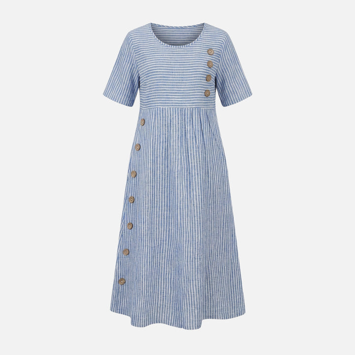 Quirina | Robe midi en lin pour femmes avec boutons – Robe midi en lin boutons été