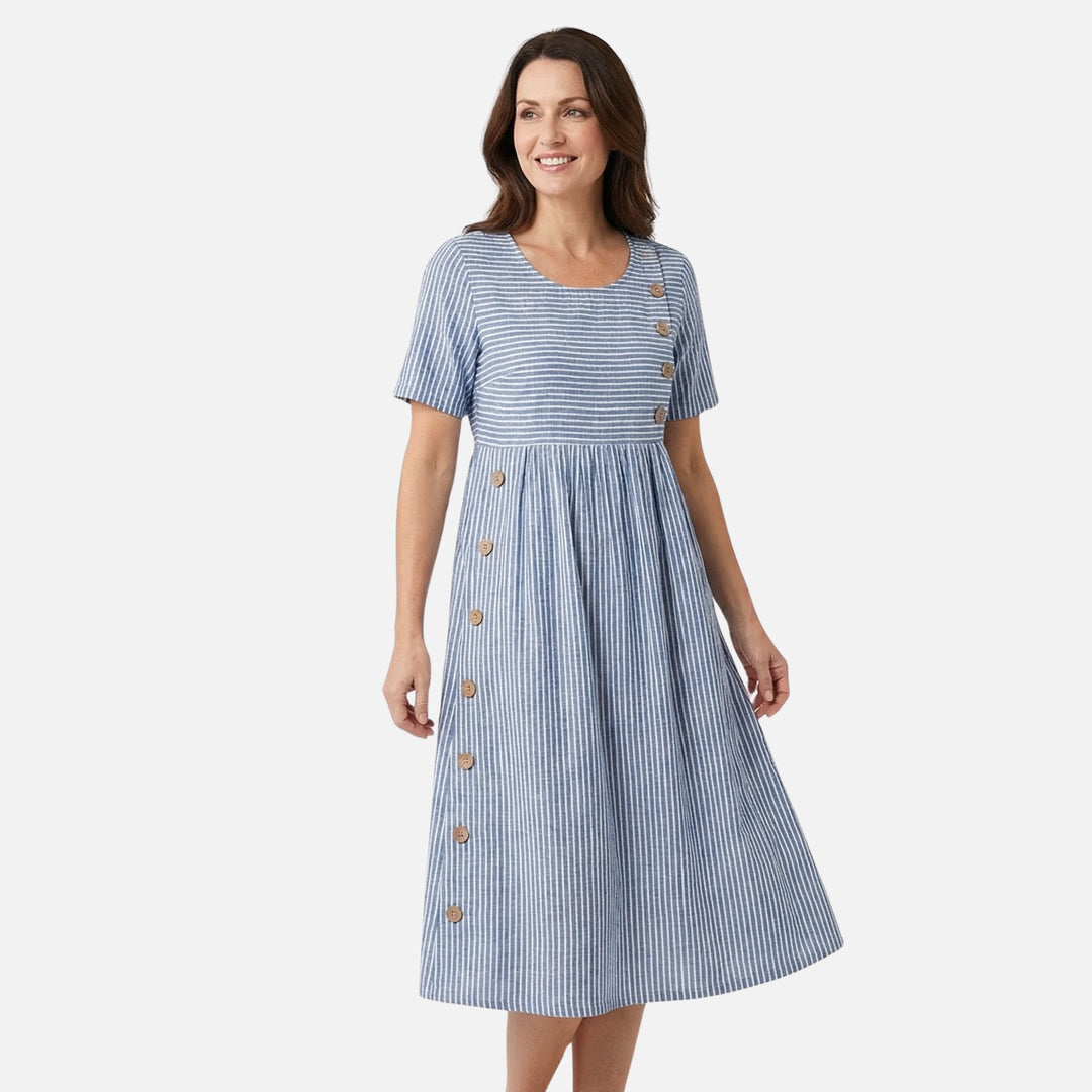 Quirina | Robe midi en lin pour femmes avec boutons – Robe midi en lin boutons été
