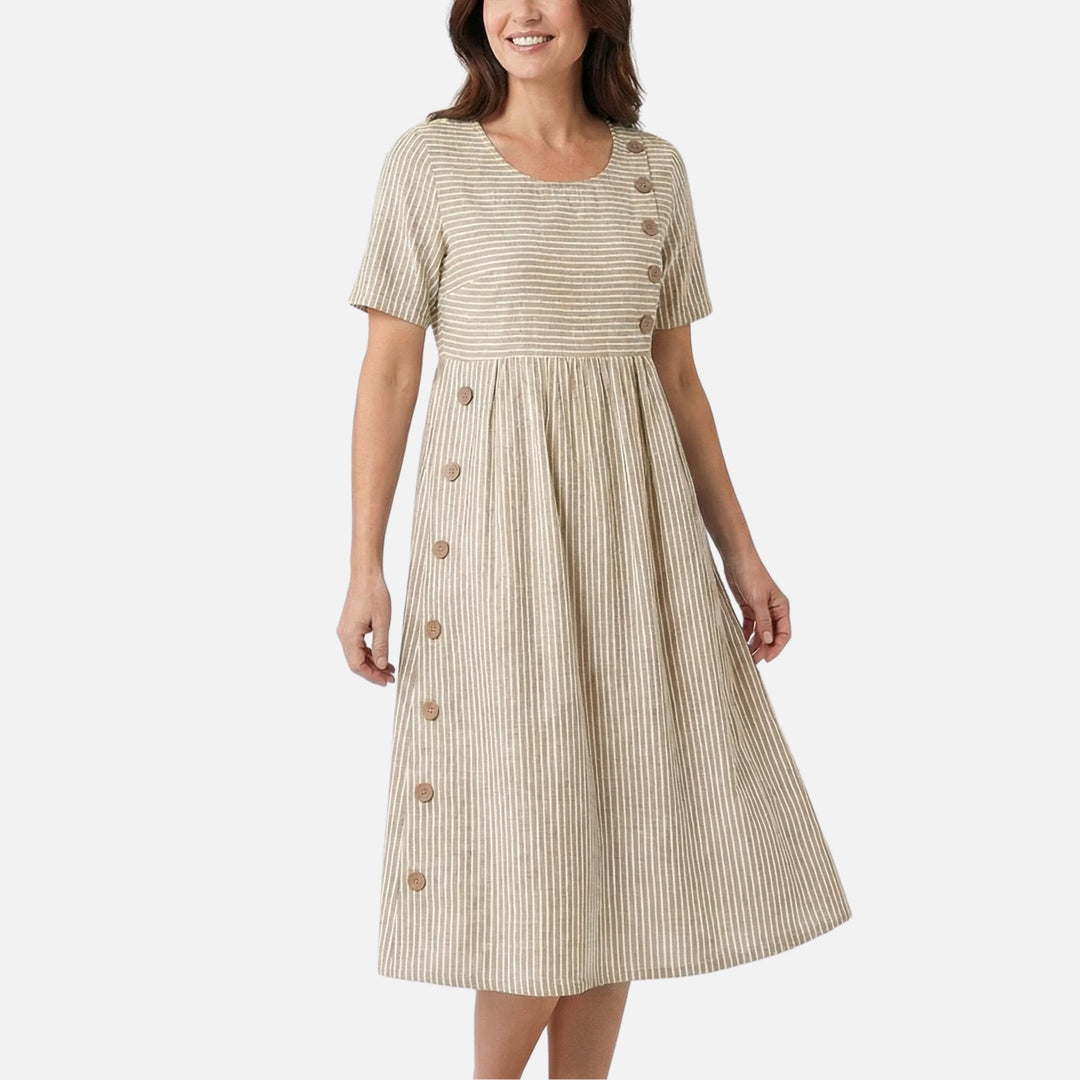 Quirina | Robe midi en lin pour femmes avec boutons – Robe midi en lin boutons été