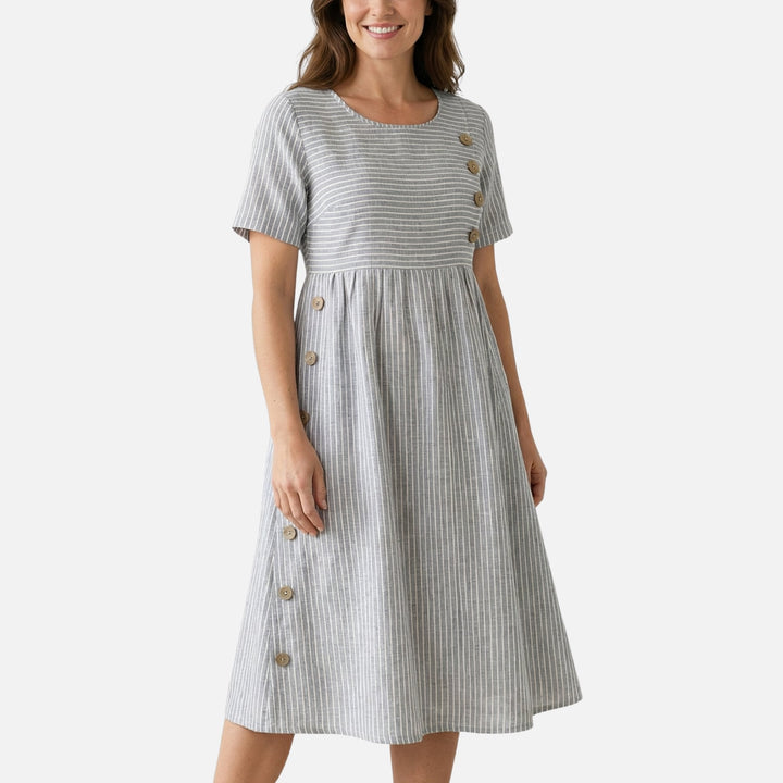 Quirina | Robe midi en lin pour femmes avec boutons – Robe midi en lin boutons été
