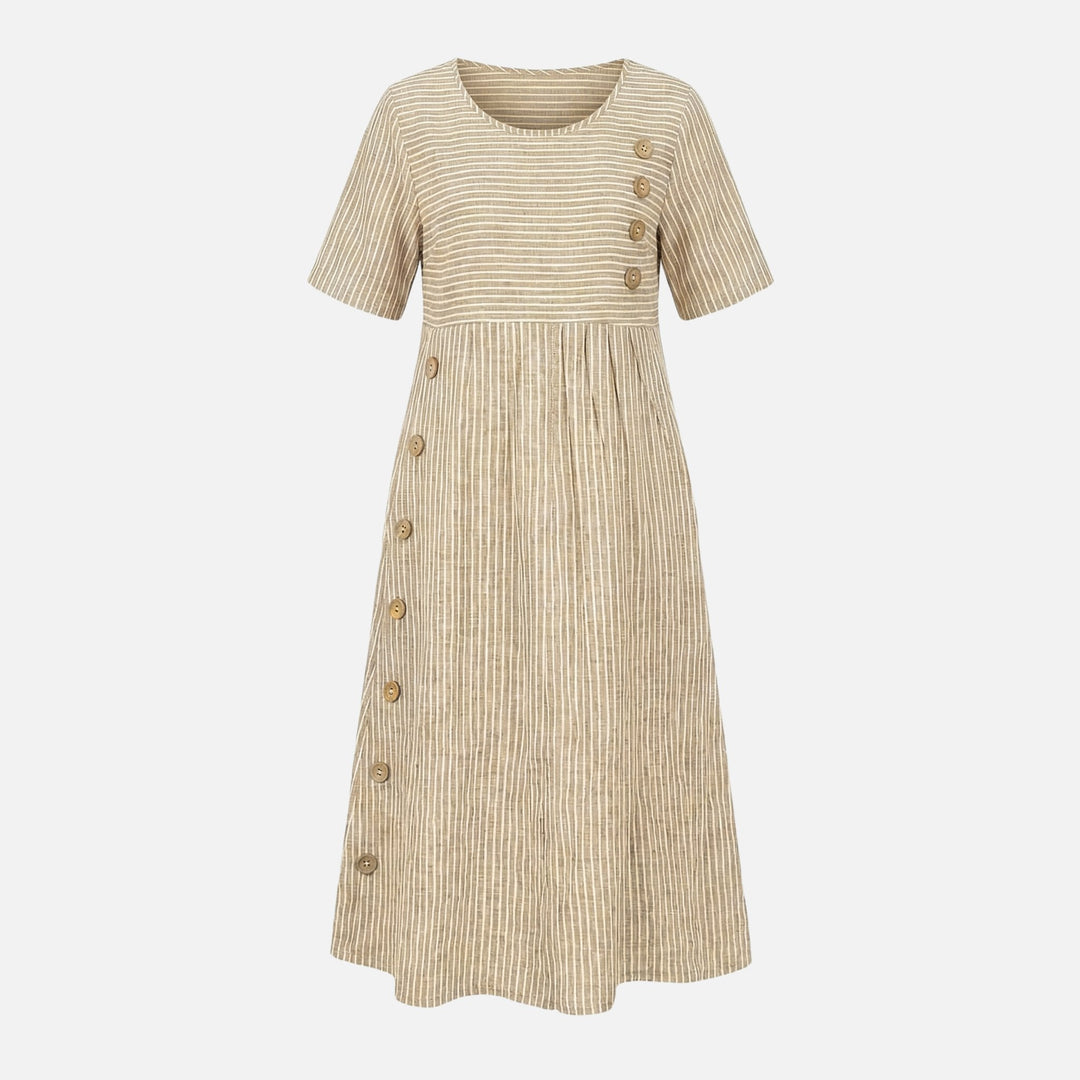 Quirina | Robe midi en lin pour femmes avec boutons – Robe midi en lin boutons été