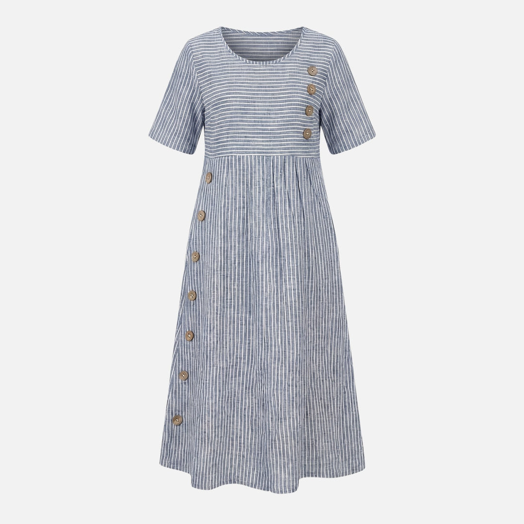 Quirina | Robe midi en lin pour femmes avec boutons – Robe midi en lin boutons été