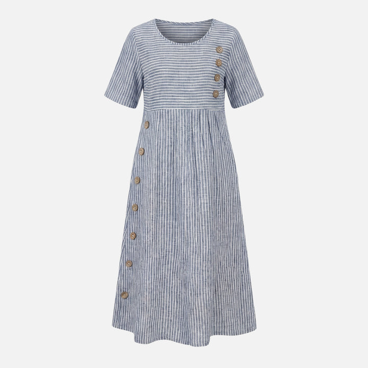 Quirina | Robe midi en lin pour femmes avec boutons – Robe midi en lin boutons été