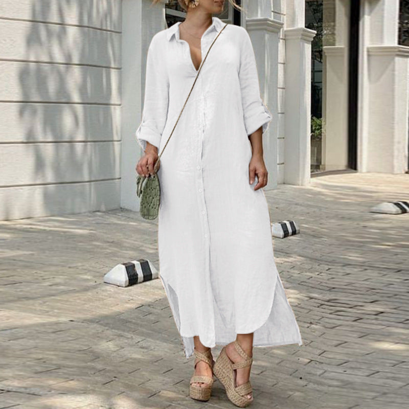 Robe en lin - Robe maxi décontractée à manches longues avec boutons pour l'été