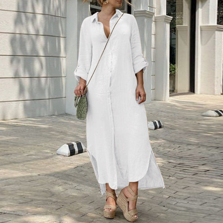 Robe en lin - Robe maxi décontractée à manches longues avec boutons pour l'été