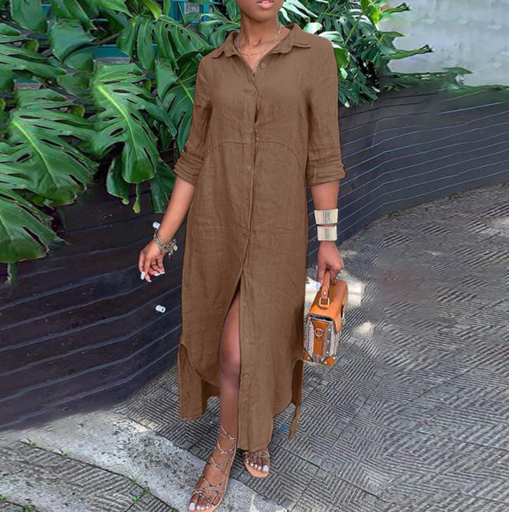 Robe en lin - Robe maxi décontractée à manches longues avec boutons pour l'été