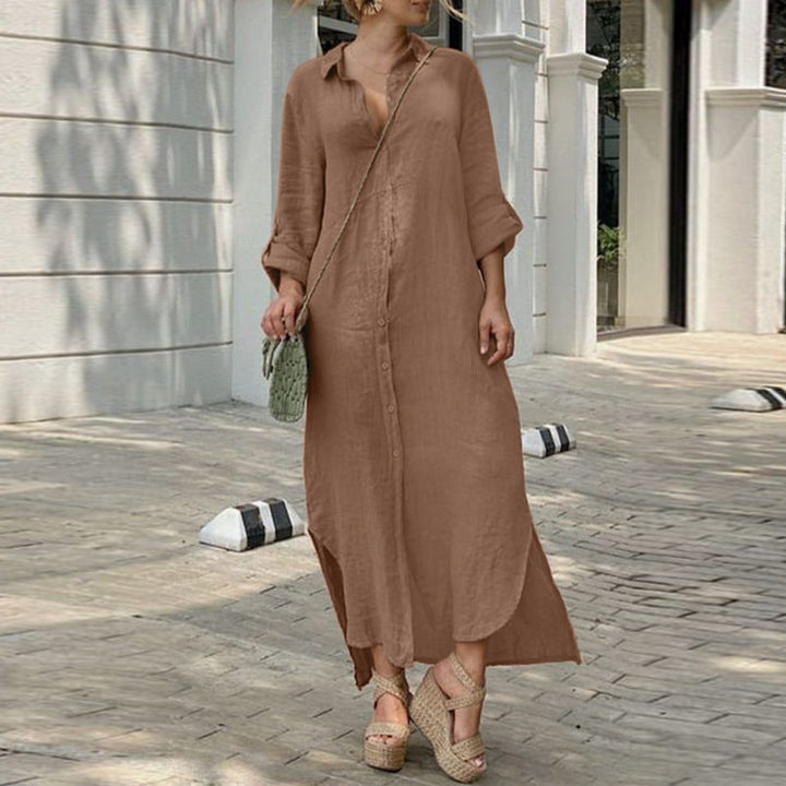 Robe en lin - Robe maxi décontractée à manches longues avec boutons pour l'été