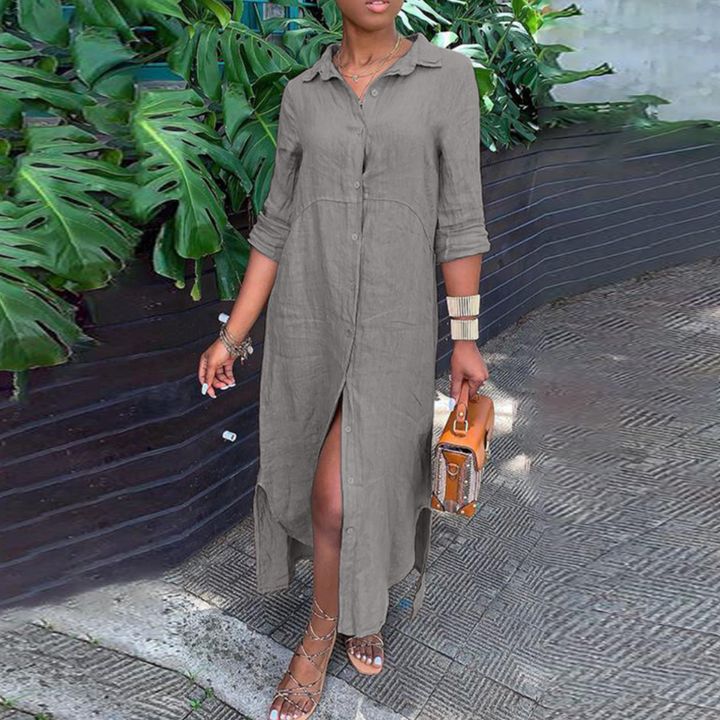 Robe en lin - Robe maxi décontractée à manches longues avec boutons pour l'été