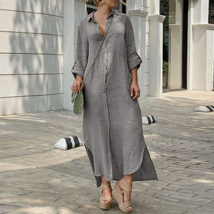 Robe en lin - Robe maxi décontractée à manches longues avec boutons pour l'été