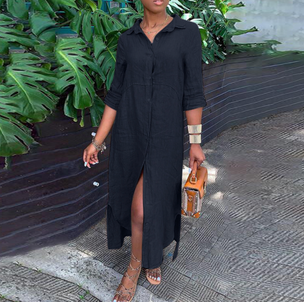 Robe en lin - Robe maxi décontractée à manches longues avec boutons pour l'été