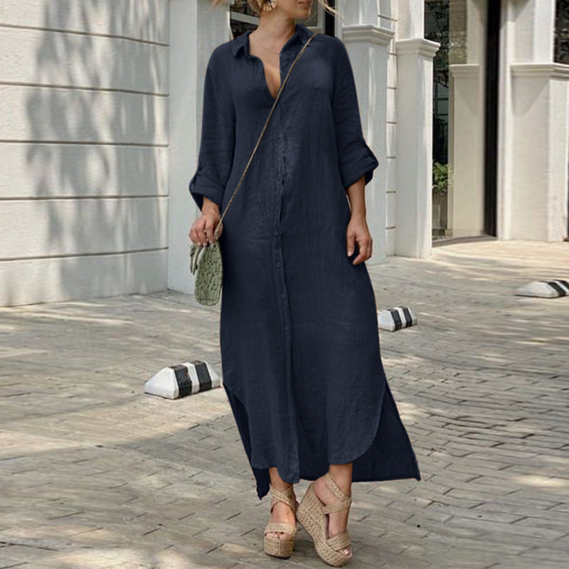 Robe en lin - Robe maxi décontractée à manches longues avec boutons pour l'été