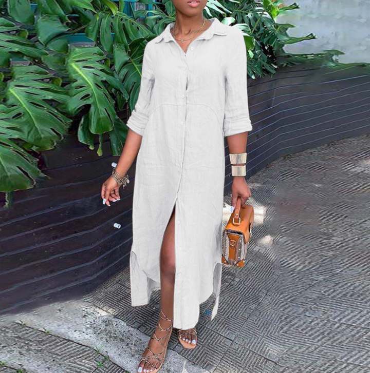 Robe en lin - Robe maxi décontractée à manches longues avec boutons pour l'été
