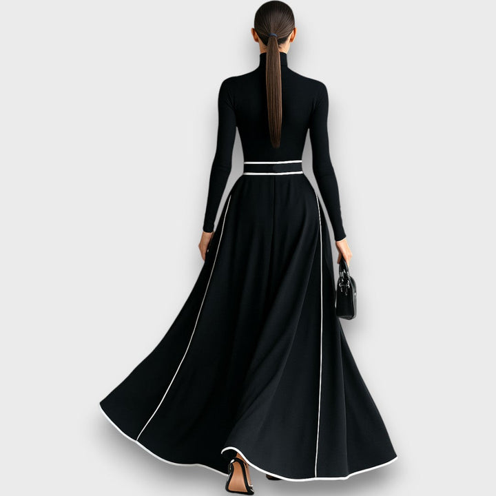 Marceline – Robe maxi noire avec coutures blanches